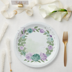 Blumengrün, blau-violett, botanische Papiertüte Pappteller