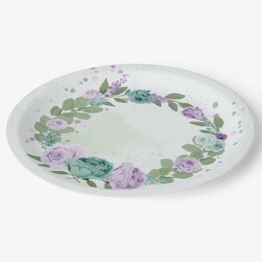 Blumengrün, blau-violett, botanische Papiertüte Pappteller (Schrägansicht)