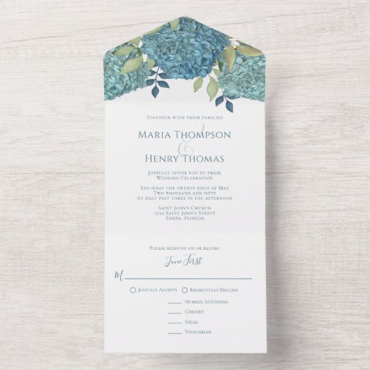 Blumengrün Blaue Hydrangea Blume Foliage All In One Einladung (Innen Boden)