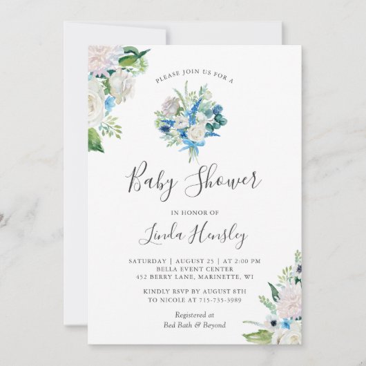 Blumengrün Blauer Blumenstrauß Bouquet Babydusche Einladung (Vorderseite)