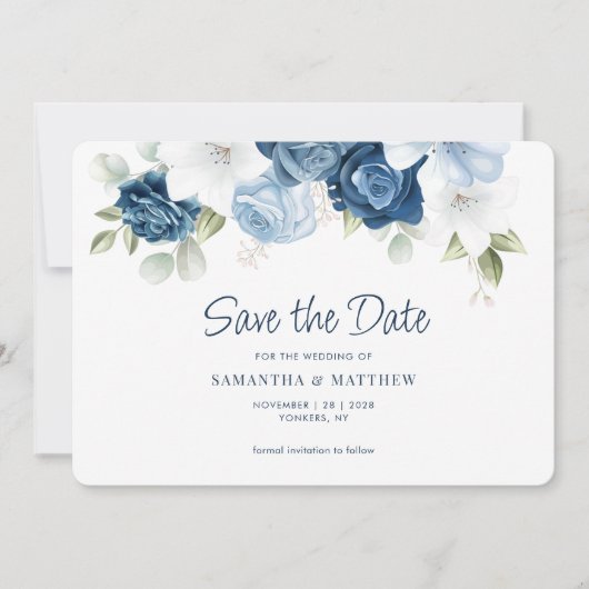 Blumengrün Dusty Blue Watercolor Save The Date (Vorderseite)
