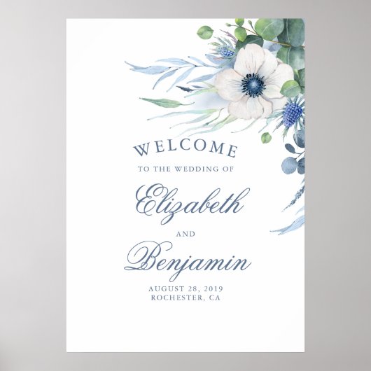 Blumengrün Dusty Blue Wedding Begrüßungszeichen Poster (Vorne)