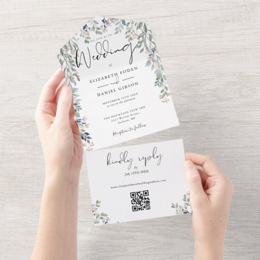 Blumengrün Elegantes Script QR Code Hochzeit All In One Einladung (Abreißen)