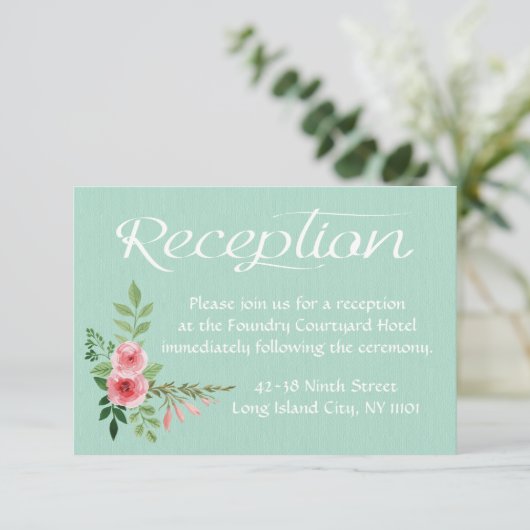 Blumengrün Empfang Rosa Blume Hochzeit Einladung (Stehend Vorderseite)