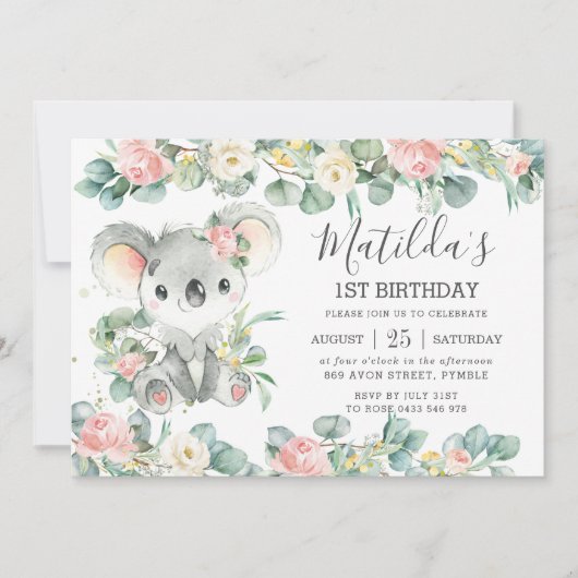 Blumengrün Eucalyptus Niedlich Koala Geburtstag Einladung (Vorderseite)