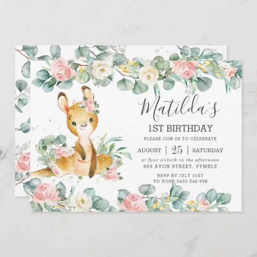 Blumengrün Eukalyptus Niedlich Kangaroo Geburtstag Einladung (Vorne/Hinten)