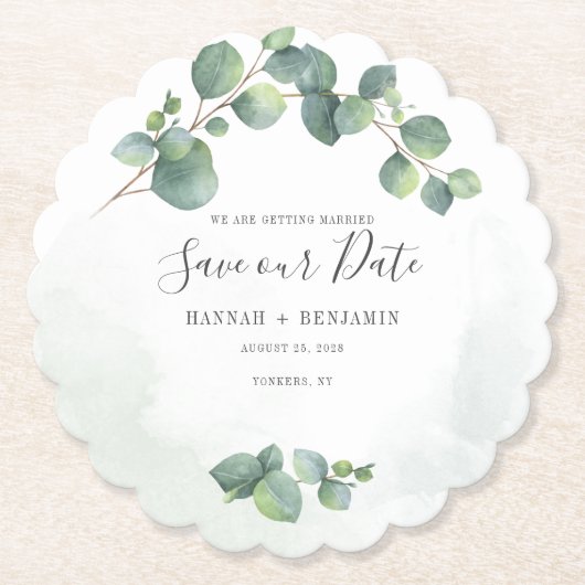 Blumengrün Eukalyptus Save the Date kreativ Untersetzer (Vorderseite)