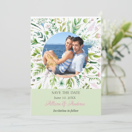 Blumengrün Foto Save the Date (Stehend Vorderseite)