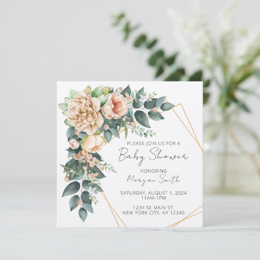 Blumengrün Geometrische Babydusche Einladung (Stehend Vorderseite)