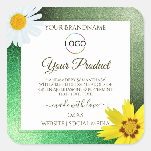 Blumengrün-Glitzer-Logo Quadratischer Aufkleber (Vorderseite)
