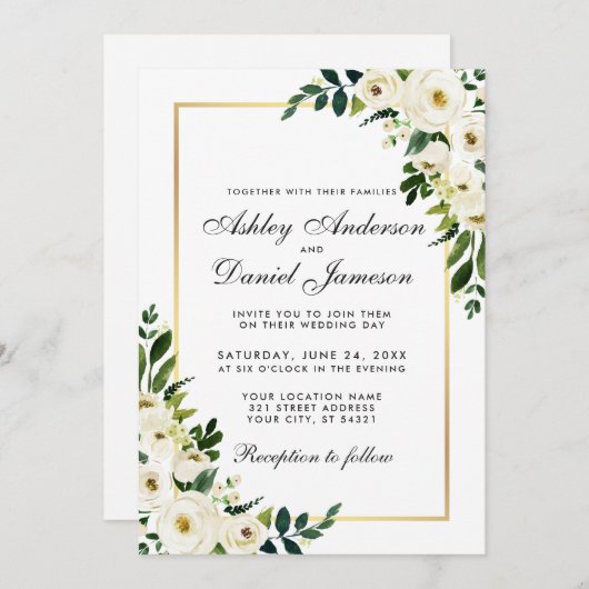 Blumengrün-goldene Hochzeit Einladung (Vorne/Hinten)