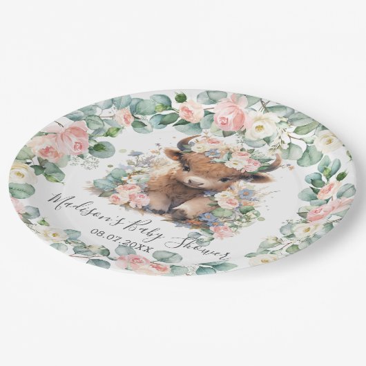 Blumengrün Hochland Kuh Babydusche Geburtstag Pappteller (Schrägansicht)