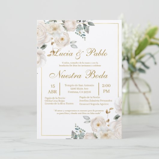 Blumengrün Hochzeit Einladung auf Spanisch (Stehend Vorderseite)