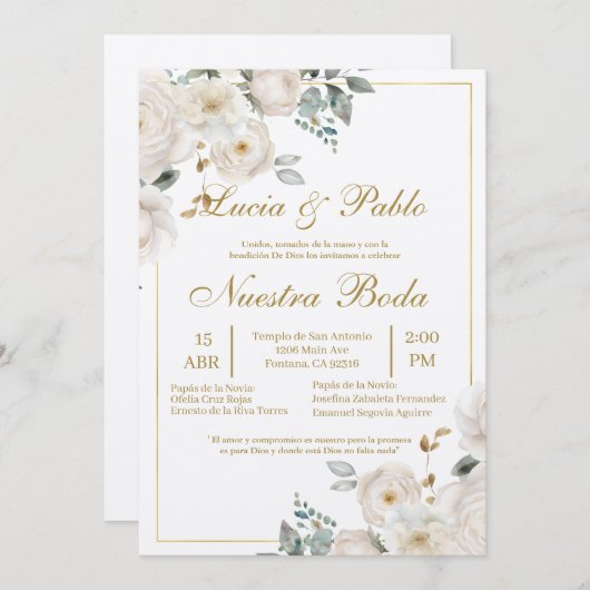 Blumengrün Hochzeit Einladung auf Spanisch (Vorne/Hinten)