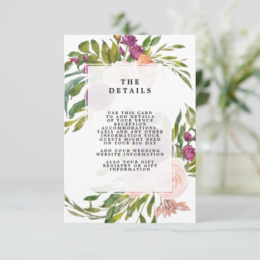 Blumengrün Hochzeitsdetails - Karte (Stehend Vorderseite)