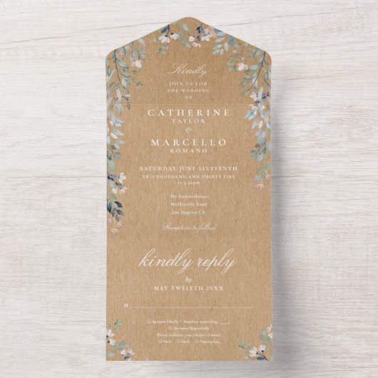 Blumengrün Kaskade Rustic Kraft Wedding All In One Einladung (Innen Boden)