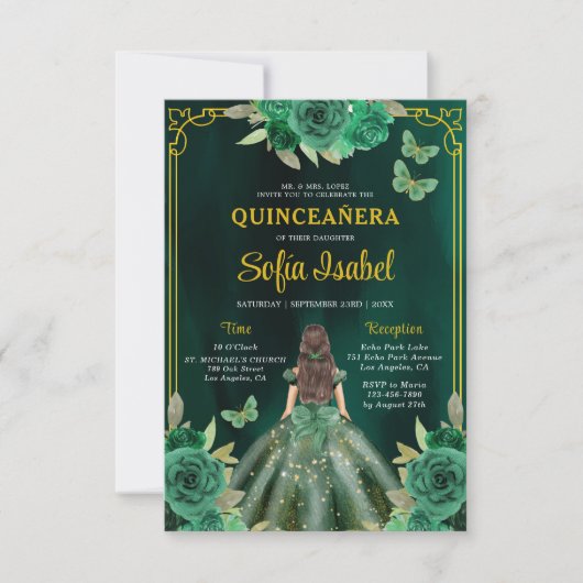 Blumengrün Kleid QR Code Quinceanera Einladung (Vorderseite)