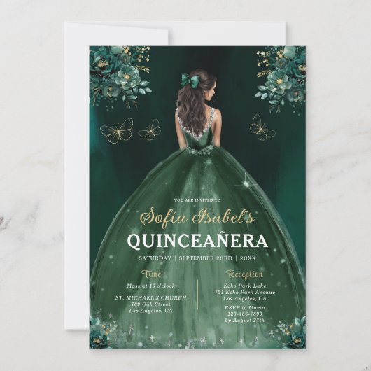 Blumengrün Kleid QR Code Quinceanera Einladung (Vorderseite)