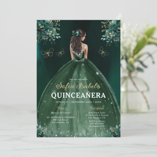Blumengrün Kleid QR Code Quinceanera Einladung (Stehend Vorderseite)