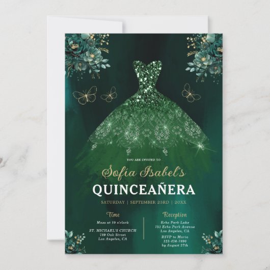 Blumengrün Kleid QR Code Quinceanera Einladung (Vorderseite)