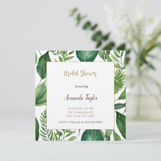 Blumengrün Minimal Calligraphisches Brautparty Einladung (Stehend Vorderseite)