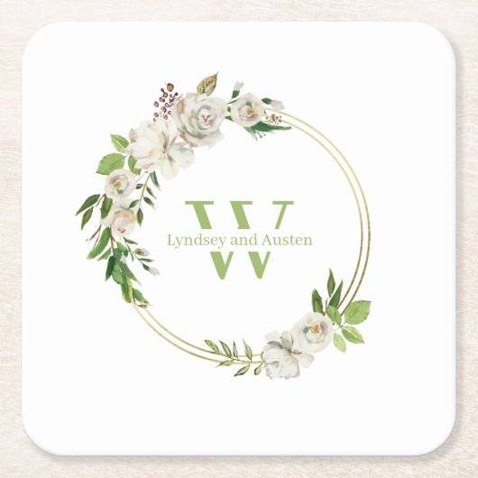 Blumengrün-Monogramm-Hochzeit Rechteckiger Pappuntersetzer (Vorderseite)