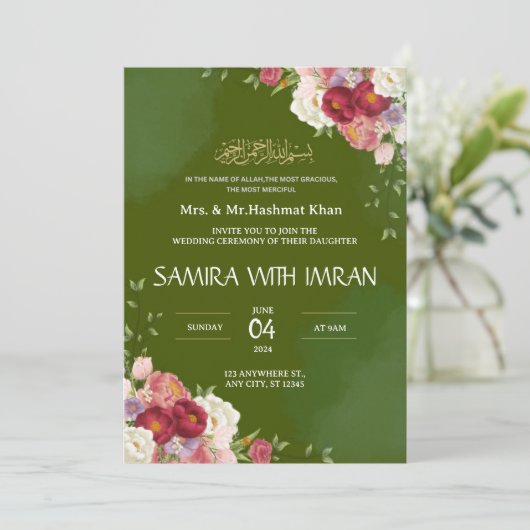 Blumengrün-Moslemhochzeit Einladung (Stehend Vorderseite)