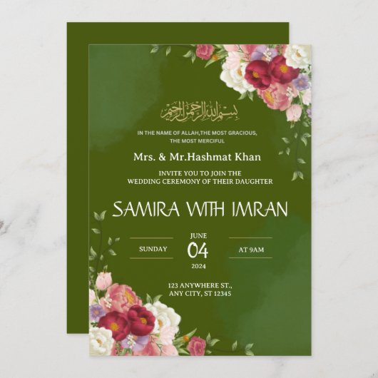 Blumengrün-Moslemhochzeit Einladung (Vorne/Hinten)