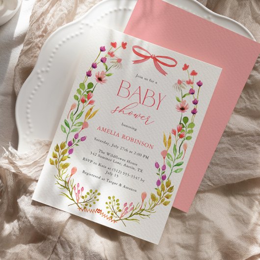 Blumengrün Pink Bow Rustic Baby Dusche Einladung