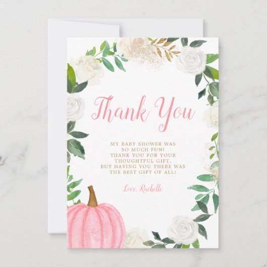 Blumengrün Pink Pumpkin Fall Girl Babydusche Dankeskarte (Vorderseite)