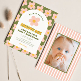 Blumengrün rosa Groovy One Baby Erstgeburt Einladung