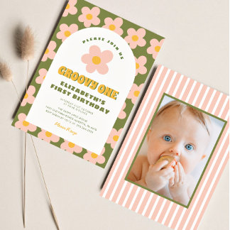 Blumengrün rosa Groovy One Baby Erstgeburt Einladung