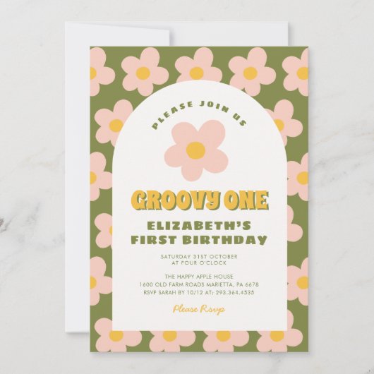 Blumengrün rosa Groovy One Baby Erstgeburt Einladung (Vorderseite)