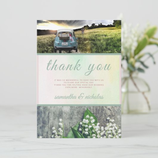 Blumengrün rosa Moderne Just Married Wedding Dankeskarte (Stehend Vorderseite)