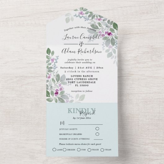 Blumengrün-rosa Wasserfarbenhochzeit All In One Einladung (Innen Boden)