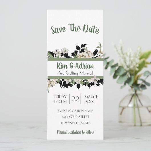 Blumengrün Save the Date Einladung (Stehend Vorderseite)
