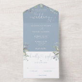 Blumengrün Script Hearts Dusty Blue Wedding All In One Einladung (Innen Boden)