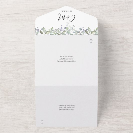 Blumengrün-Script-Monogramm-Hochzeit All In One Einladung (Außenbereich)