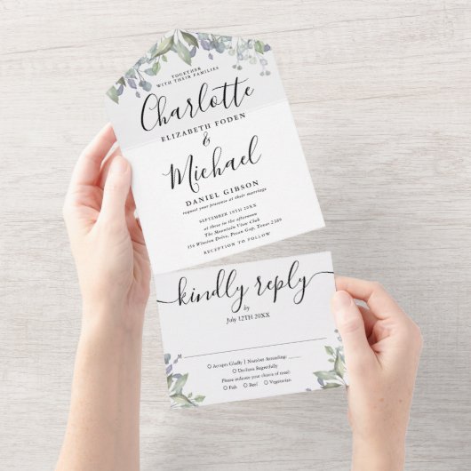 Blumengrün-Script-Monogramm-Hochzeit All In One Einladung (Abreißen)