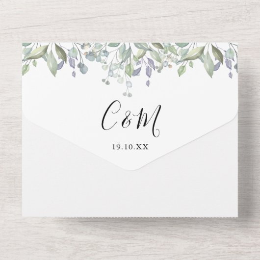 Blumengrün-Script-Monogramm-Hochzeit All In One Einladung (Rückseite)