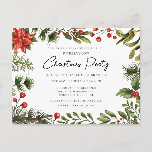 Blumengrün Script Weihnachtsfeier Einladungspostkarte (Vorderseite)