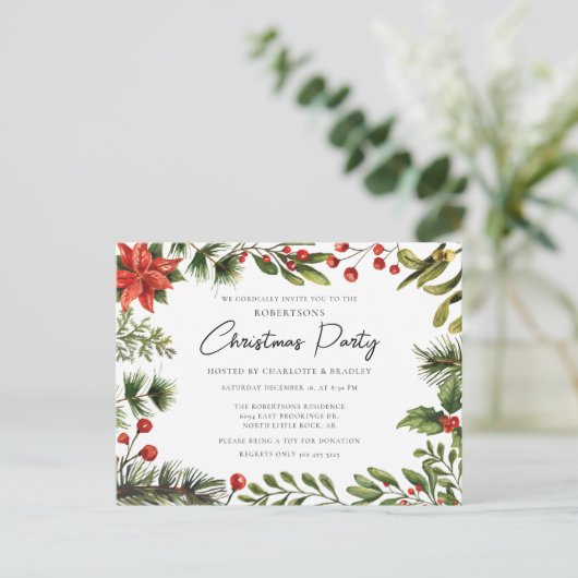 Blumengrün Script Weihnachtsfeier Einladungspostkarte (Stehend Vorderseite)