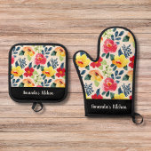 Blumengrün-Skript personalisieren Geschenk Ofenhandschuh & Topflappen-Set