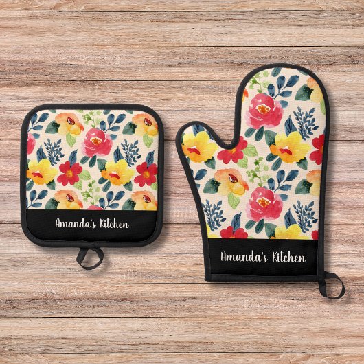 Blumengrün-Skript personalisieren Geschenk Ofenhandschuh & Topflappen-Set