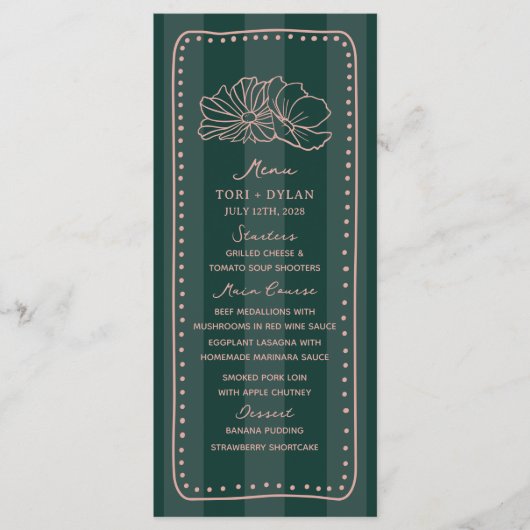 Blumengrün Streifen tropisches Hochzeitsmenü Menükarte (Vorderseite)