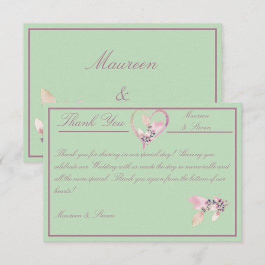 Blumengrün und Mauve Wedding Dankeskarte (Vorne/Hinten)
