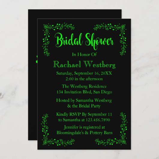 Blumengrün und schwarz Brautparty Blätter Einladung (Vorne/Hinten)