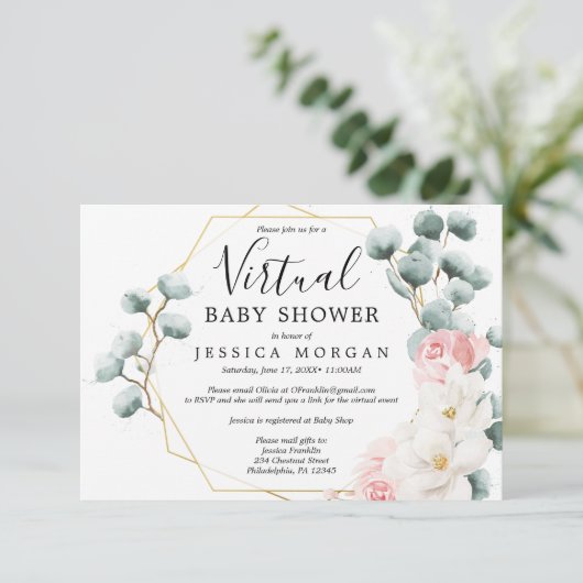 Blumengrün Virtual Baby Dusche Einladung (Stehend Vorderseite)