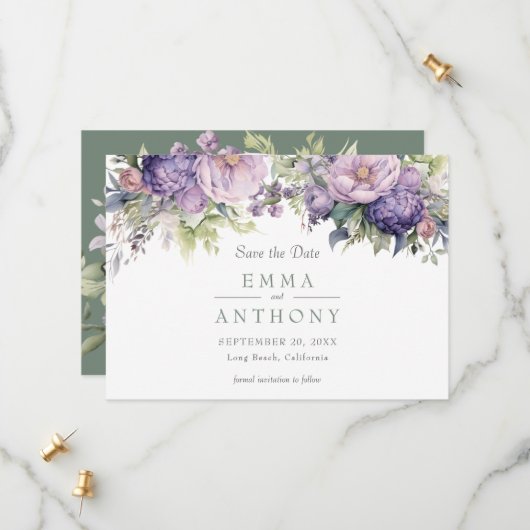 Blumengrün Wasserfarbe Lavendel Salbei Hochzeit Save The Date (Vorderseite/Rückseite Beispiel)