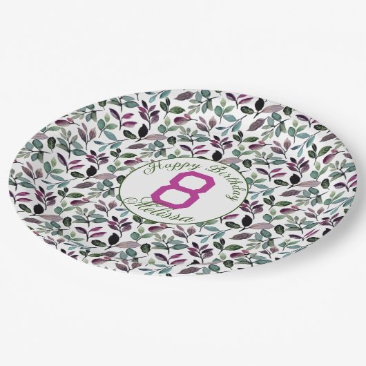 Blumengrün Wasserfarben Muster Geburtsname Pappteller (Schrägansicht)